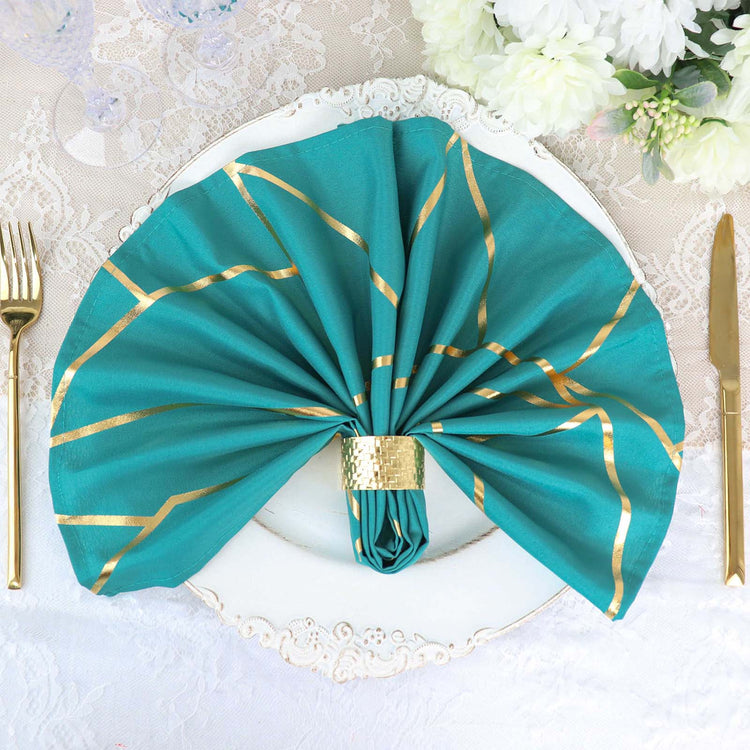 20 Inch x 20 Inch Peacock Teal Polyester Cloth Napkins with Gold Foil Geometric Design 5 Pack