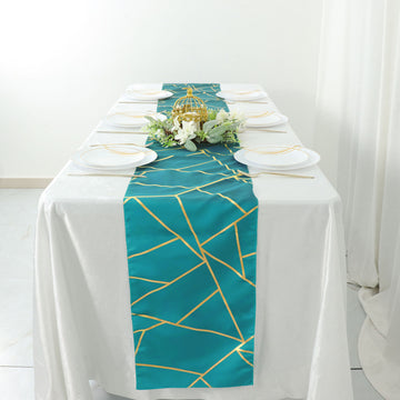 Teal With Gold Foil Geometric Pattern Table Runner 9ft