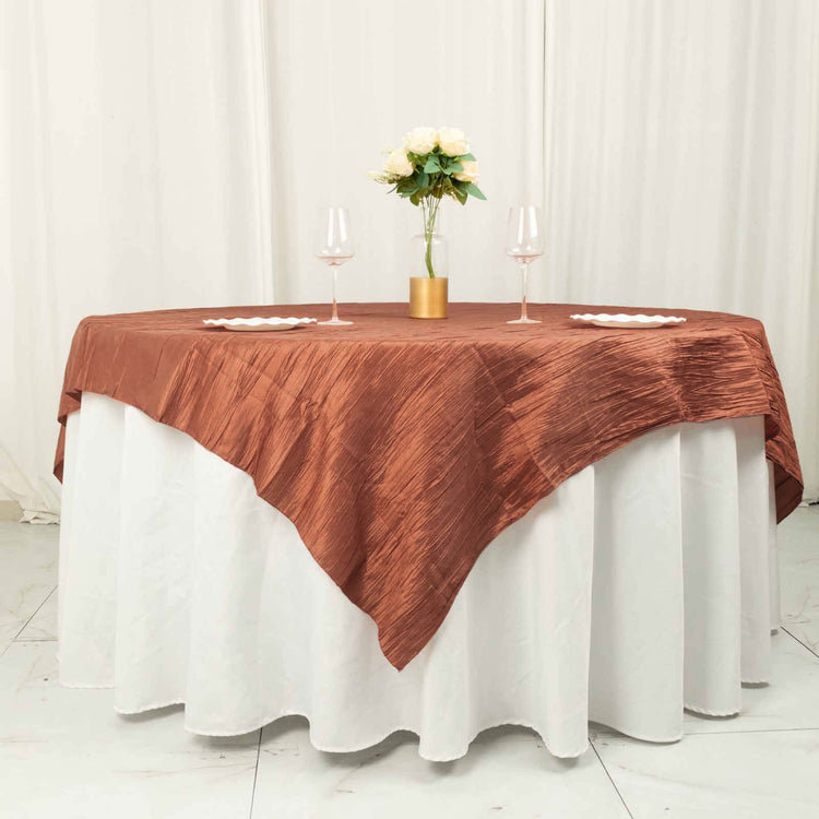 Terracotta (Rust) Accordion Crinkle Taffeta Table Overlay, Square Tablecloth Topper
