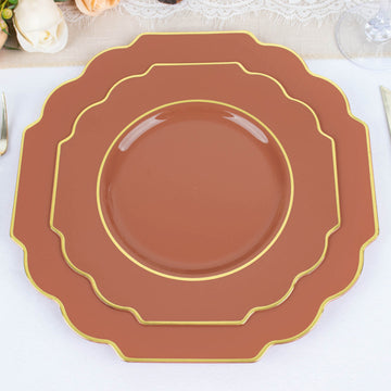 10 Pack | 8" Terracotta Hard Plastic Dessert Appetizer Plates, Disposable Tableware, Baroque Heavy Duty Salad Plates with Gold Rim