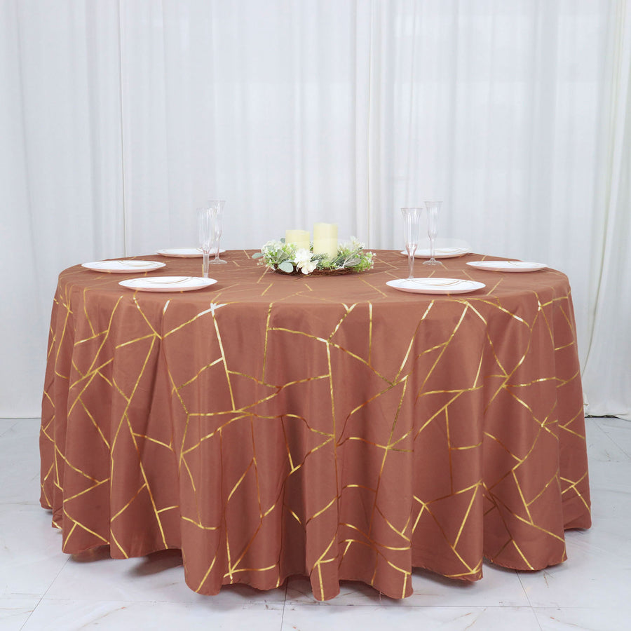 120 Inch Terracotta Round Polyester Tablecloth with Gold Foil Geometric Pattern