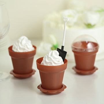 12 Pack | 4" Terracotta Succulent Planter Pots Ice Cream Dessert Cups With Clear Lids, Trays and Shovels