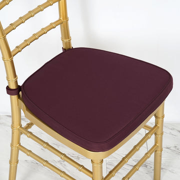 2" Thick Burgundy Chiavari Chair Pad, Memory Foam Seat Cushion With Ties and Removable Cover