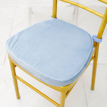 2" Thick Dusty Blue Velvet Chiavari Chair Pad, Memory Foam Seat Cushion With Ties and Removable Cover