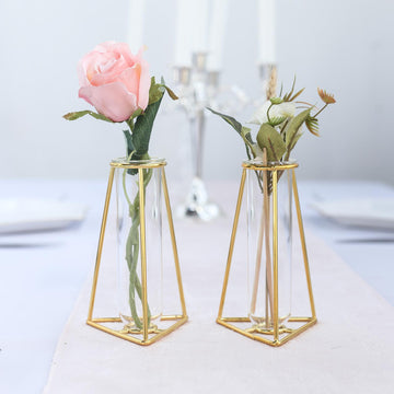 2 Pack | 6" Triangular Gold Metal Frame Test Tube Bud Vases, Mini Geometric Wedding Centerpieces