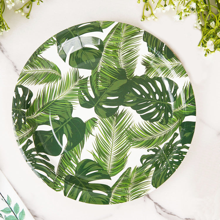 9 Inch Tropical Palm Leaf Mix Disposable Dessert Salad Paper Plates 25 Pack 300 GSM