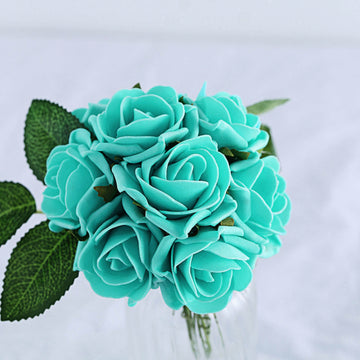 24 Roses Turquoise Artificial Foam Flowers With Stem Wire and Leaves 2"