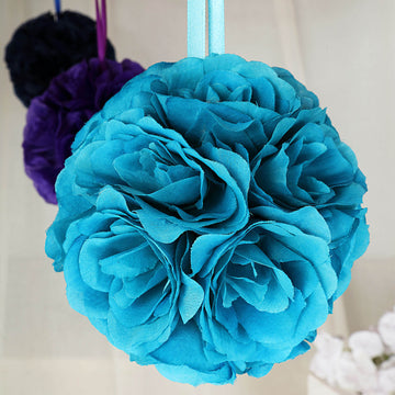2 Pack | 7" Turquoise Artificial Silk Rose Kissing Ball, Faux Flower Ball