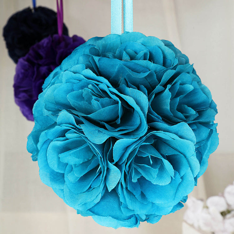 2 Packs Of 7 Inch Turquoise Artificial Silk Rose Flower Kissing Balls