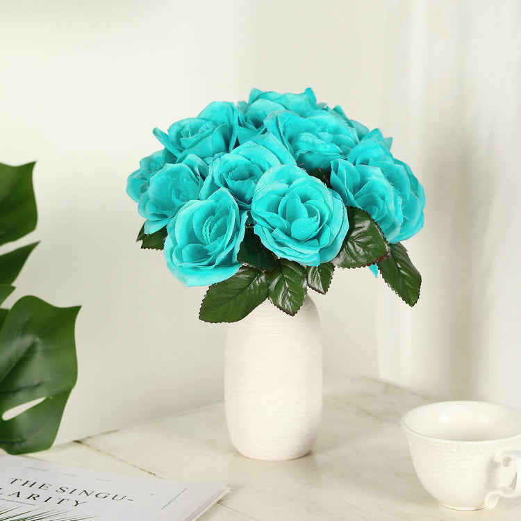 12 Inch Turquoise Artificial Velvet Like Fabric Rose Flower Bouquet Bush