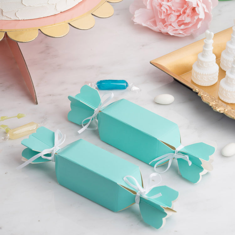Turquoise with Satin Ribbon Candy Shaped Favor Box 25 Pack