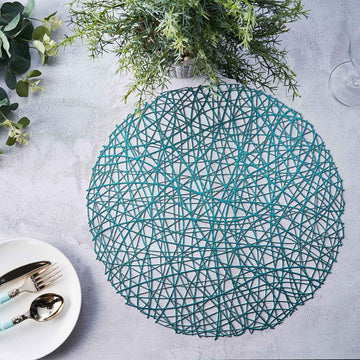 6 Pack | 15" Turquoise Decorative Woven Vinyl Placemats, Non-Slip Round Table Mats