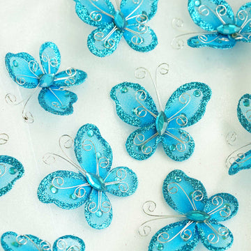 12 Pack | 2" Turquoise Diamond Studded Wired Organza Butterflies