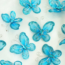 12 Pack 2 Inch Turquoise Diamond Studded Wired Organza Butterflies