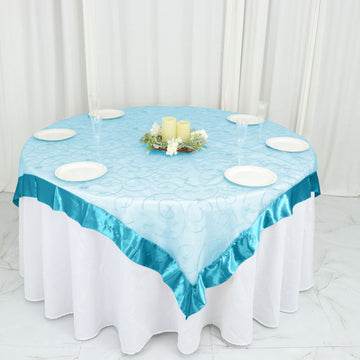 60"x60" Turquoise Embroidered Sheer Organza Square Table Overlay With Satin Edge
