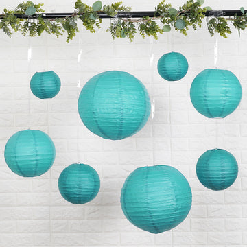 Set of 8 Turquoise Hanging Paper Lanterns, Chinese Sky Lanterns, Assorted Size 6", 8", 10", 14"
