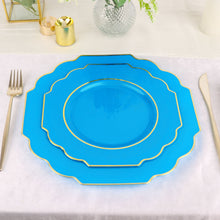 8 Inch Turquoise Hard Plastic Disposable Baroque Heavy Duty Dinner Plates with Gold Rim 10 Pack