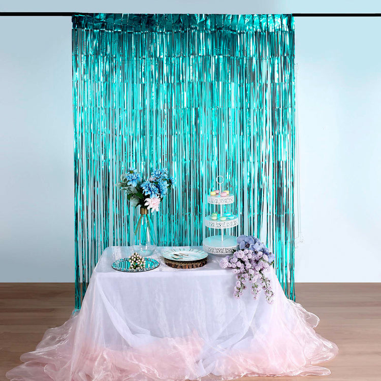 Turquoise Metallic Tinsel Foil Fringe Curtain Backdrop 8 Feet