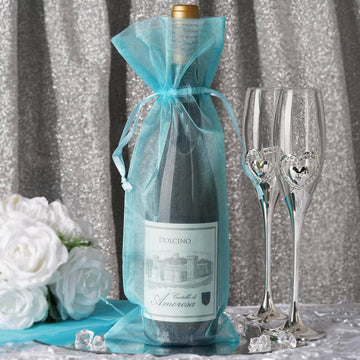 Turquoise Organza Drawstring Party Favor Wine Bags - Add Elegance to Your Celebration