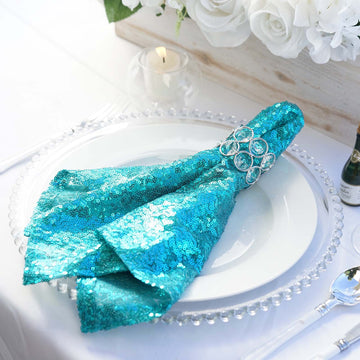 20”x20” Turquoise Premium Sequin Cloth Dinner Napkin | Reusable Linen
