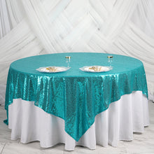90 Inch x 90 Inch Turquoise Premium Sequin Square Sparkly Table Overlay