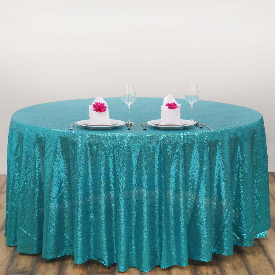 108" Turquoise Premium Sequin Tablecloth, Round Glitter Table Cloth