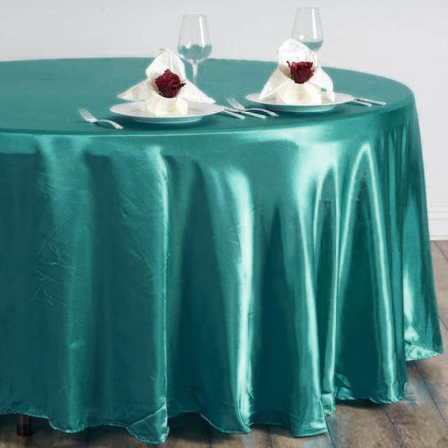 Round Turquoise Satin Tablecloth 108 Inch   