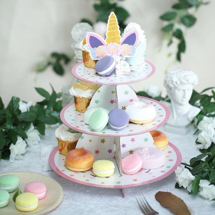 15 Inch 3 Tier Unicorn Themed Cardboard Cupcake Dessert Stand Treat Tower