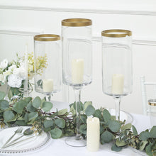 6 Inch 18 Inch 20 Inch Clear Gold Glass Hurricane Vases With Rimmed Design And Long Stem Pedestal Set Of 3
