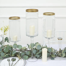 Set Of 3 Clear Gold Rimmed Glass Hurricane Candle Holders With Long Stem Pedestal 6 Inch 18 Inch 20 Inch 
