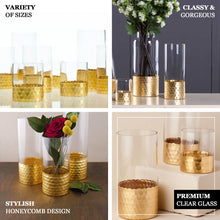 2 Pack - 12inch Glass Cylinder Vases with Gold Honeycomb Base - Glass Candle Holder Set