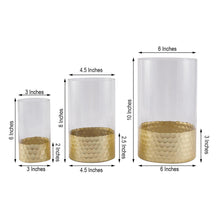 Set of 3 - Glass Cylinder Vases with Gold Honeycomb Base - Glass Candle Holders