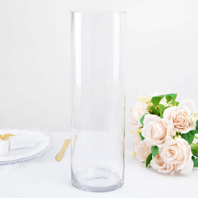 Tall clear glass vase with smooth design, perfect for floral arrangements.
