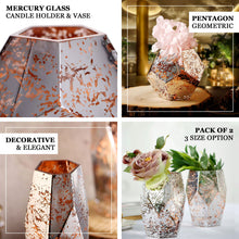 2 Pack Pentagon Geometric Mercury Glass Vases Candle Holders 5 Inch in Silver & Rose Gold 