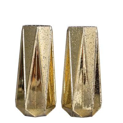 Set of two geometric gold vases with a reflective surface