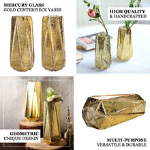 2 Pack Geometric Mercury Glass Vases Flower Centerpieces 8 Inch in Gold 
