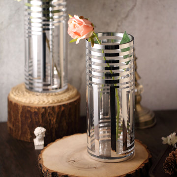 Elegant Silver Striped Cylinder Glass Vase for Stunning Flower Centerpieces