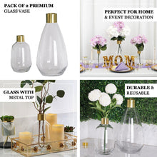 2 Pack Clear Teardrop Glass Flower Vase with Gold Metal Top, Decorative Glass Jars 14"