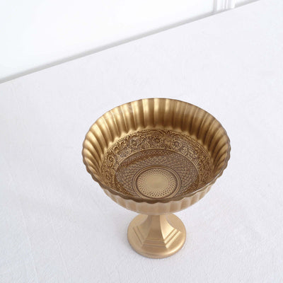 Gold decorative bowl with intricate patterns and a pedestal base.