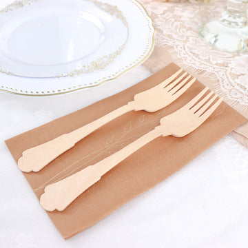 24 Pack | Vintage Baroque Design Disposable Wooden Fork Utensils, Eco-Friendly Biodegradable Cutlery - 7.5"