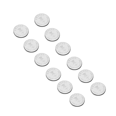 CR2032 lithium batteries arranged in a staggered pattern on a white background.