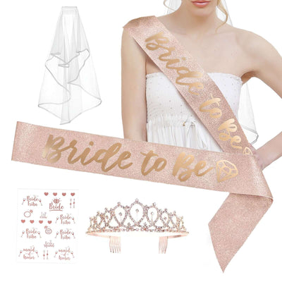 Bride-to-be sash, veil, crown, and stickers for bridal shower celebration.