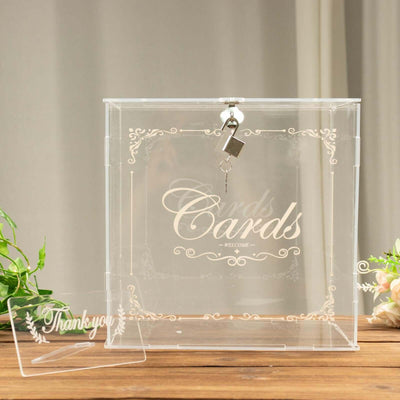 Acrylic wedding card box with key and thank you sign.