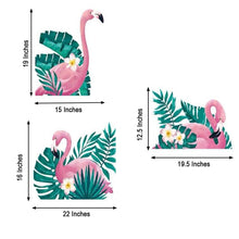 A set of three PVC wall decals with pink and green flamingos and green tropical palm leaves
