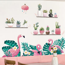 Peel-able Flamingo And Palm Leaves Wall Decals In Green and Pink