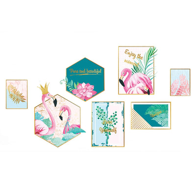 Colorful flamingo wall art set featuring tropical designs and motivational quotes.