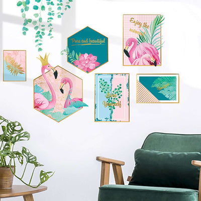 Colorful wall art featuring flamingos and tropical designs in a stylish living room setting.