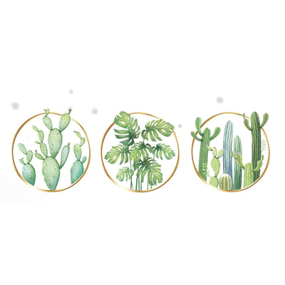 Set of three botanical illustrations featuring cacti and tropical plants.