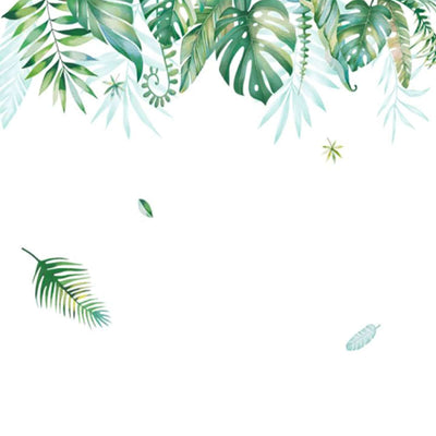 Tropical leaf design illustration with various green foliage elements.