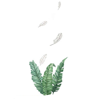 Tropical green leaves with decorative feathers floating above